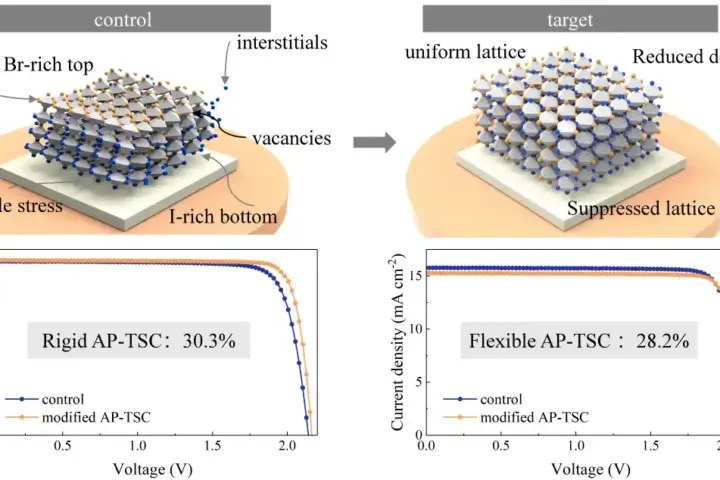 Scientific illustration comparing control and modified all-perovskite tandem solar cells, showing reduced lattice defects and stress in the modified structure, alongside current density-voltage performance curves demonstrating certified efficiencies of 30.3% for rigid cells and 28.2% for flexible cells.