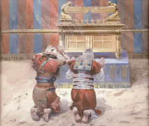Historical artwork by James Jacques Joseph Tissot depicting Moses and Joshua in the Tabernacle, a 19th-century artistic interpretation of the ancient sanctuary that archaeologists continue to investigate at the Shiloh excavation site.