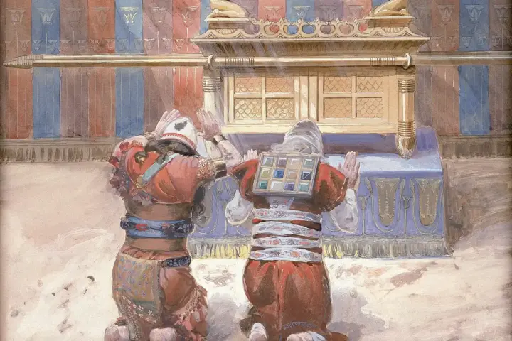 Historical artwork by James Jacques Joseph Tissot depicting Moses and Joshua in the Tabernacle, a 19th-century artistic interpretation of the ancient sanctuary that archaeologists continue to investigate at the Shiloh excavation site.