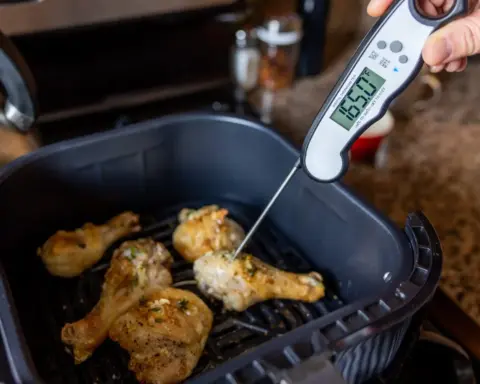 Digital food thermometer inserted into cooked chicken pieces showing internal temperature measurement for Salmonella safety verification