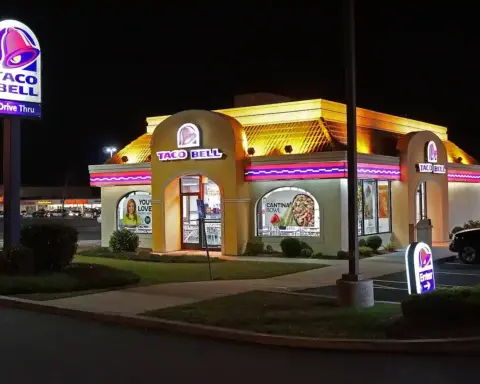 Taco Bell restaurant storefront at night in Northgate shopping center, Revere, Massachusetts, with illuminated purple and yellow neon signage