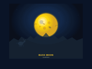 Full moon during the Buck Moon lunar phase with forest silhouette
