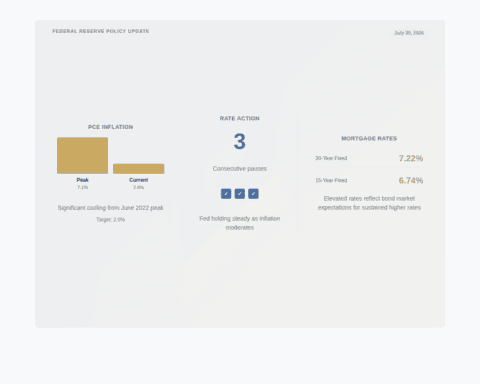 Infographic showing PCE inflation trends, Federal Reserve rate actions, and mortgage rates