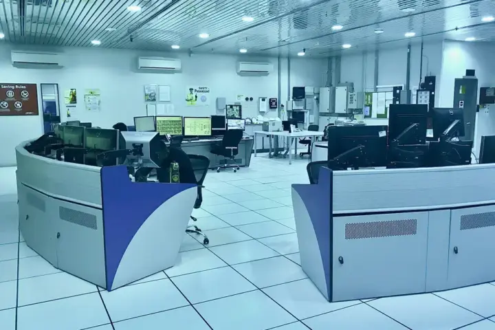 Industrial SCADA control room with rows of operator monitors displaying system data.