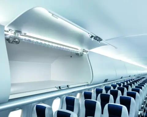 Airliner cabin interior showing overhead compartments, where bleed-air contamination can expose crew and passengers to oil fumes.