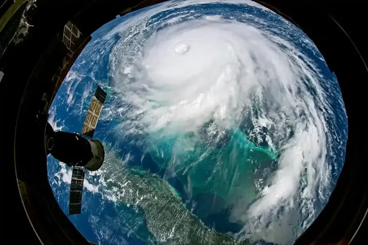 Hurricane viewed from space over the ocean.