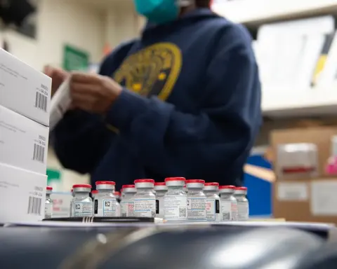 Vaccine vials prepared for administration.