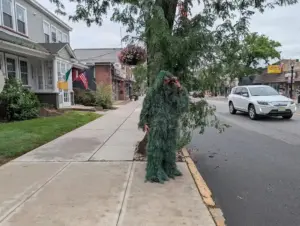 Police officer in camouflage disguise with binoculars.