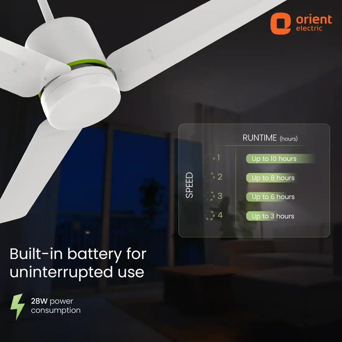 Orient Ecotech Volt battery runtime by fan speed