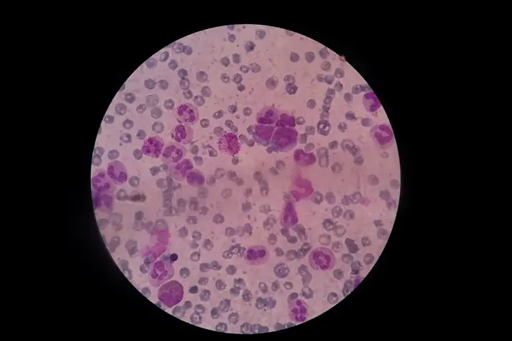 Microscopic view of leukemic blast cells in a blood smear.