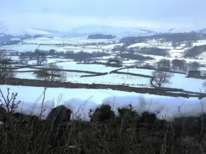 Snow-covered rural landscape in Wensleydale, England.