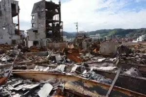 Earthquake-damaged buildings in Wajima, Japan, after the 2024 Noto earthquake.