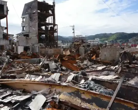 Earthquake-damaged buildings in Wajima, Japan, after the 2024 Noto earthquake.