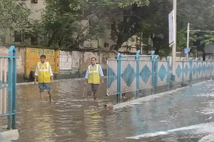 Waterlogged street in Kolkata during heavy monsoon rain
