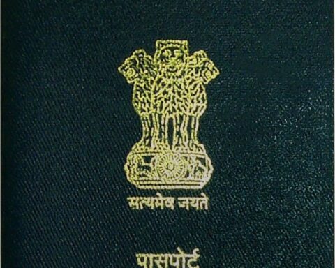 Cover of an Indian passport (2021 edition), the travel document held by ordinary Indian citizens.