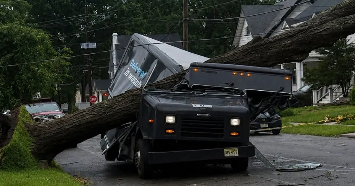 A massive tree toppled onto an Amazon delivery truck on Hillside Avenue during Friday night’s storm,