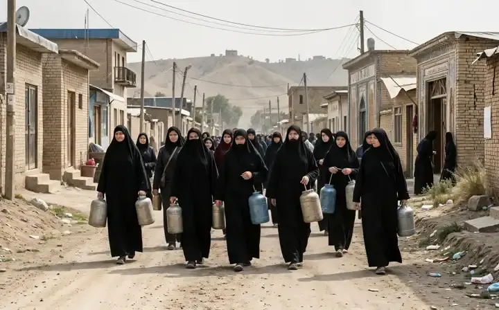 Afghan women walking along a dusty road in Kabul carrying water containers, with traditional Afghan architecture in the background