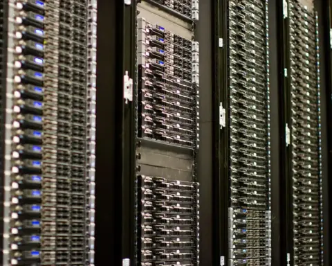 Rows of server racks representing AI compute and digital security infrastructure.