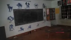 Government primary school classroom with student desks and a blackboard in Kerala, India.