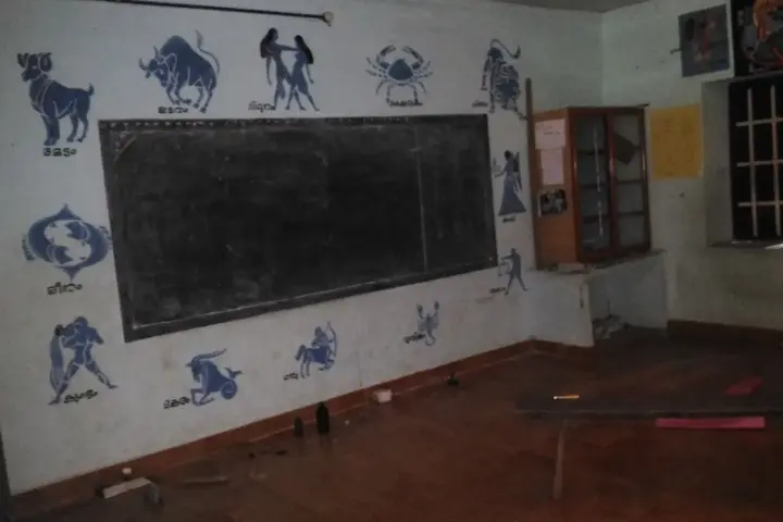 Government primary school classroom with student desks and a blackboard in Kerala, India.