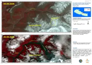 ESA satellite imagery showing 2026 Nepal flood disaster in Rasuwa district, with pre/post flood comparison
