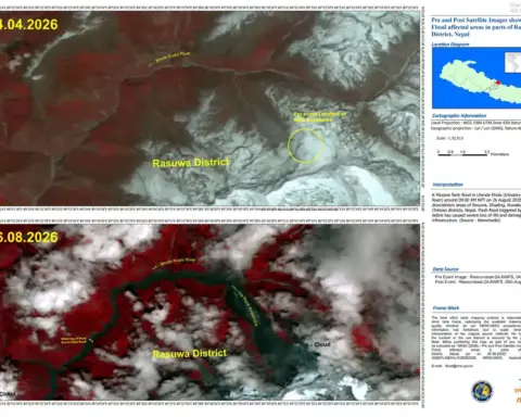 ESA satellite imagery showing 2026 Nepal flood disaster in Rasuwa district, with pre/post flood comparison