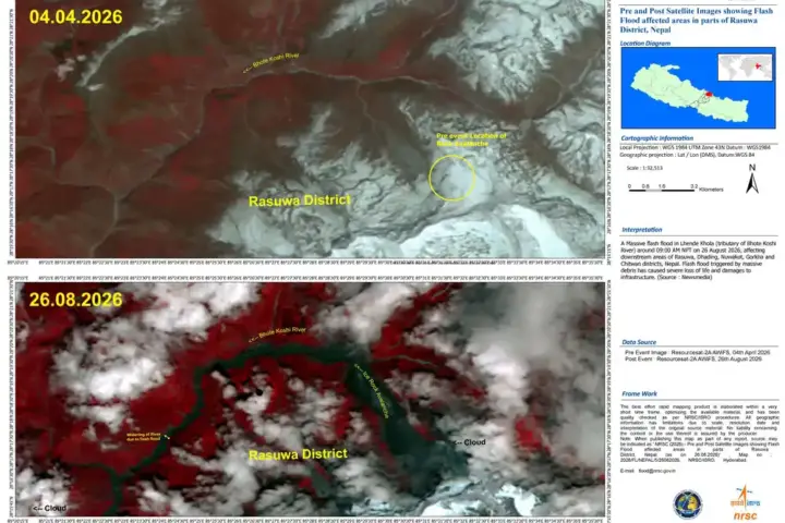 ESA satellite imagery showing 2026 Nepal flood disaster in Rasuwa district, with pre/post flood comparison