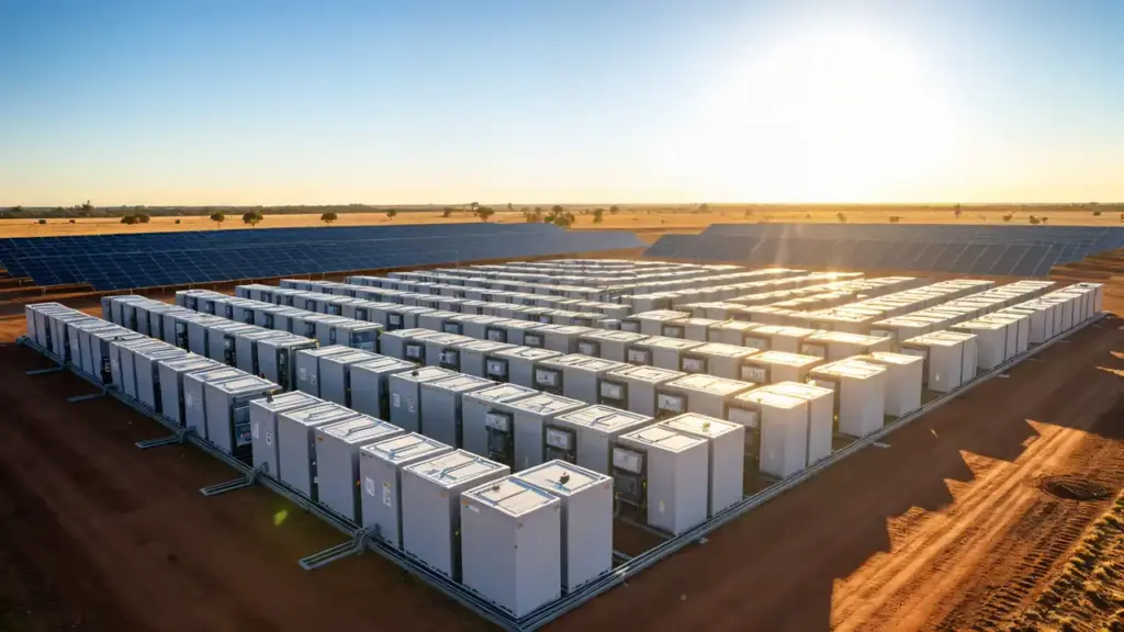Rows of industrial-scale battery storage units deployed in an Australian landscape under clear blue skies, with solar panels visible in the background.