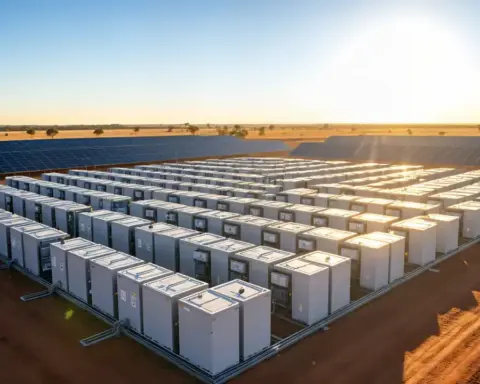 Rows of industrial-scale battery storage units deployed in an Australian landscape under clear blue skies, with solar panels visible in the background.