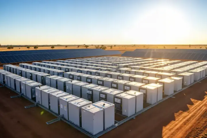 Rows of industrial-scale battery storage units deployed in an Australian landscape under clear blue skies, with solar panels visible in the background.