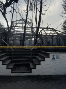 Charred ruins of Chez Gado Gado restaurant in Seminyak, Bali after fire