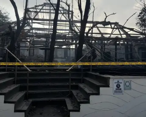 Charred ruins of Chez Gado Gado restaurant in Seminyak, Bali after fire
