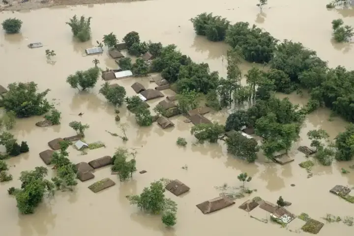 Aerial view of flood-affected areas in Bihar, India, showing submerged land and water bodies