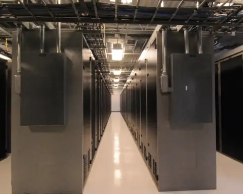 Rows of server racks inside a data center, the infrastructure targeted in cyberattacks.