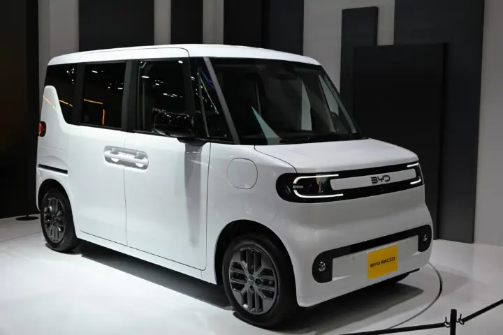 BYD Racco electric kei car prototype displayed at Tokyo Big Sight before its Japan launch, where it achieved over 1,000 orders in its first two weeks on sale