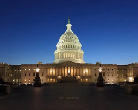 The United States Capitol at dusk.