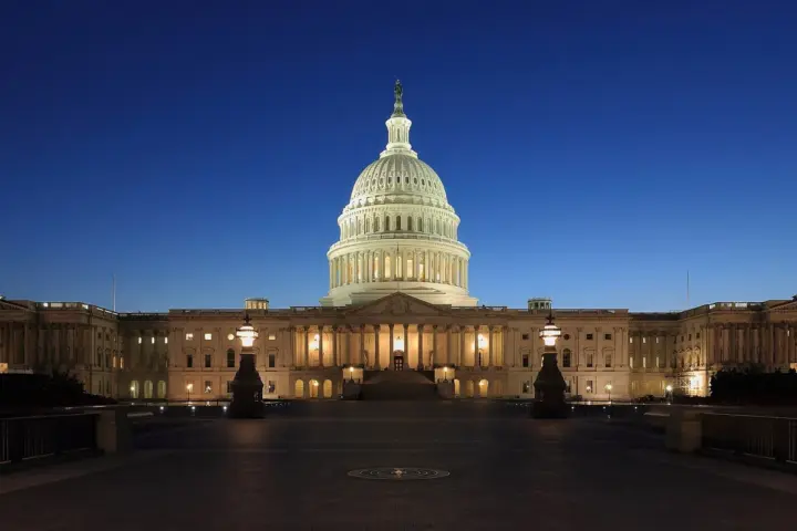 The United States Capitol at dusk.