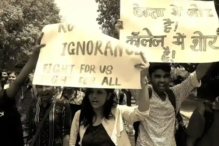 Students gathered at Jantar Mantar in New Delhi for a rally.