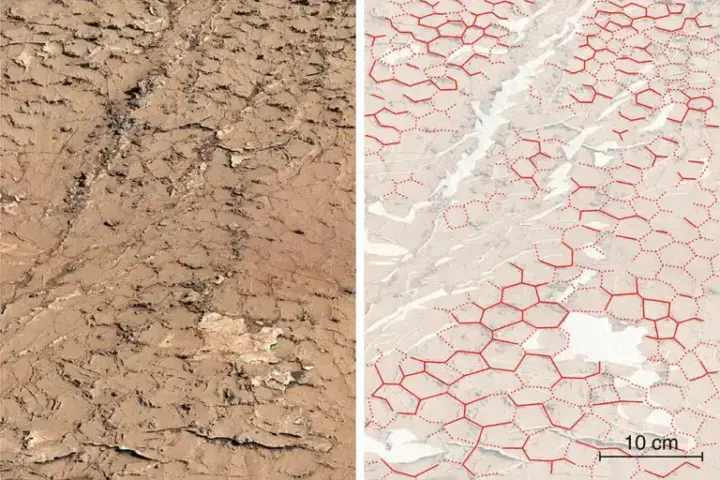 Curiosity rover image of hexagonal mud cracks at the Pontours site, Gale Crater, Mars.