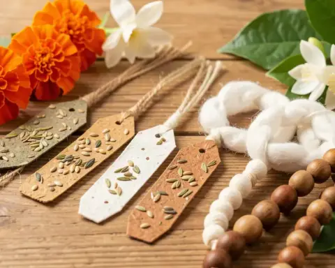 Assorted eco-friendly rakhis including plantable seed-paper, jute, organic cotton, and wooden-bead options arranged on natural wood with flowers and green leaves, showcasing sustainable Raksha Bandhan choices.