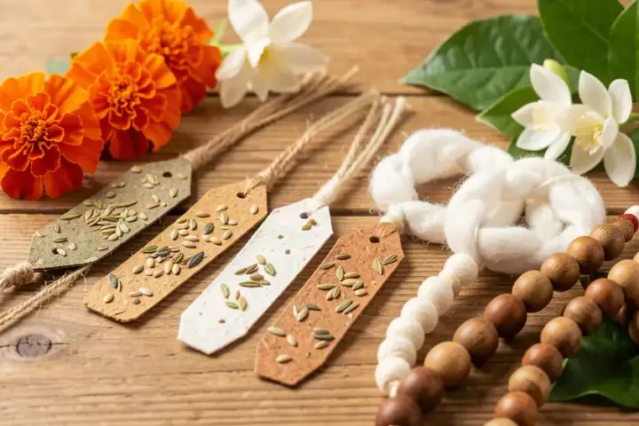 Assorted eco-friendly rakhis including plantable seed-paper, jute, organic cotton, and wooden-bead options arranged on natural wood with flowers and green leaves, showcasing sustainable Raksha Bandhan choices.