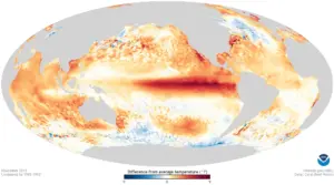 Sea surface temperature anomaly map showing climate-driven ocean warming