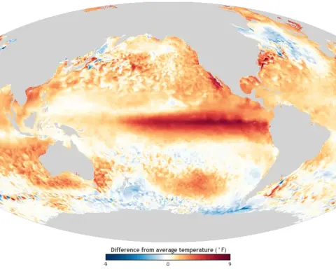 Sea surface temperature anomaly map showing climate-driven ocean warming
