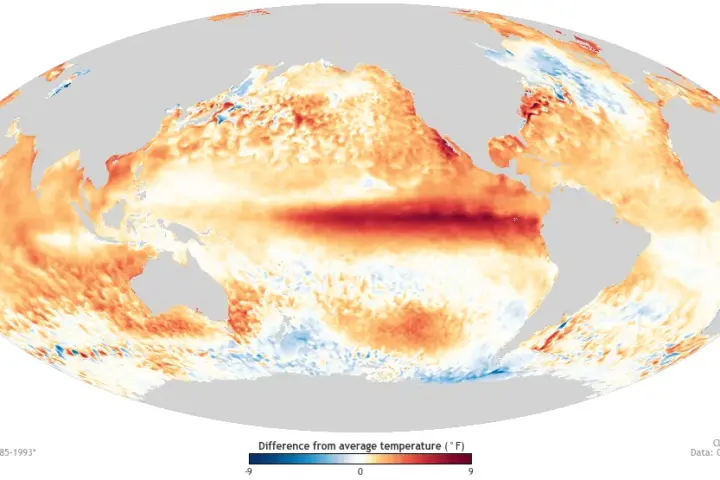 Sea surface temperature anomaly map showing climate-driven ocean warming