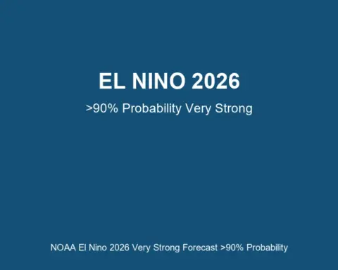 Pacific Ocean with El Nino temperature anomalies and weather patterns