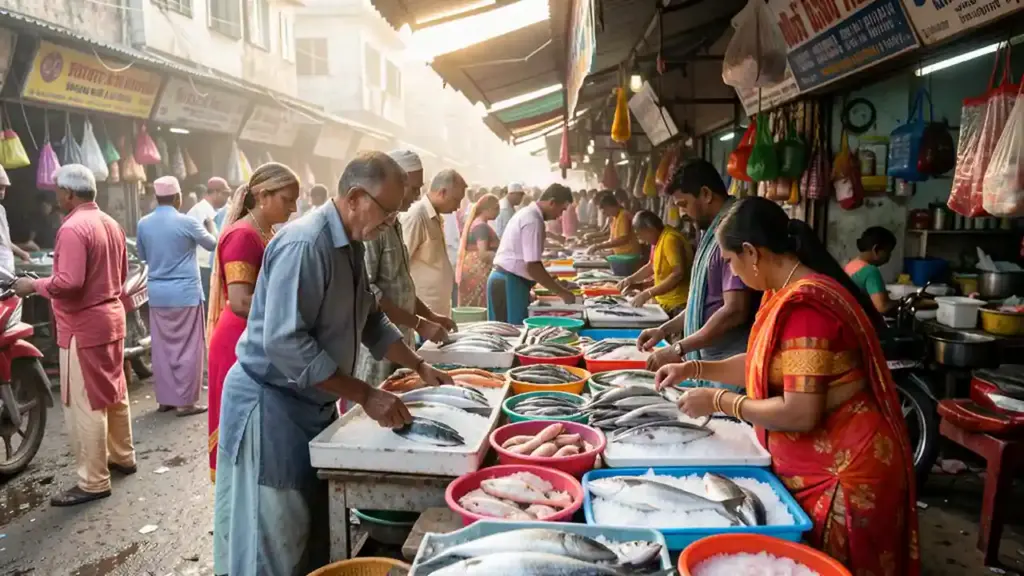 Fresh fish vendors arranging seafood on ice at a busy Indian municipal fish market stall.