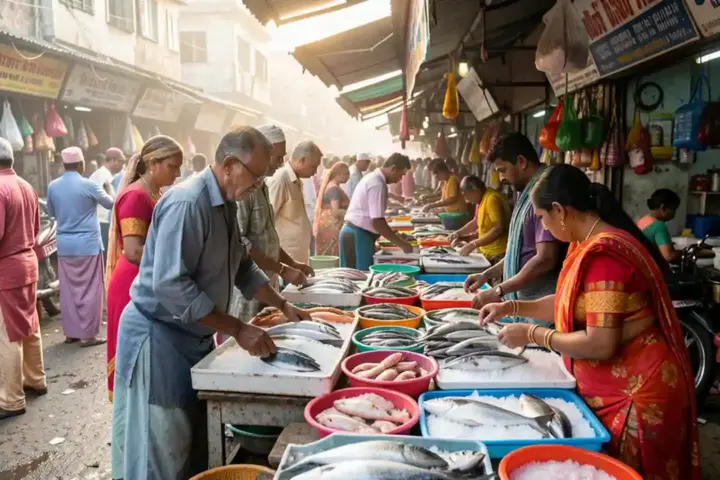 Fresh fish vendors arranging seafood on ice at a busy Indian municipal fish market stall.