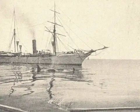 Vintage print of a steamship in the Strait of Gibraltar with orcas swimming at its bow