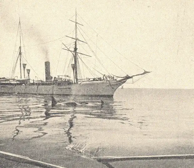 Vintage print of a steamship in the Strait of Gibraltar with orcas swimming at its bow