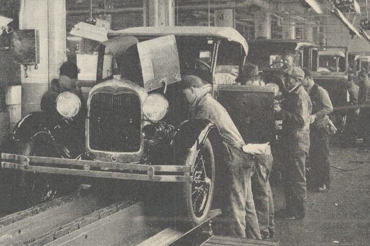 Historic Ford Motor Company vehicle assembly line